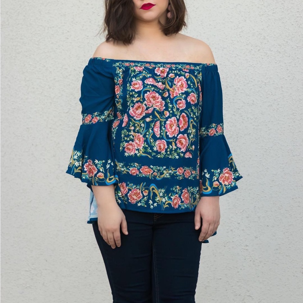 Francescas’s off the shoulder blue boho top